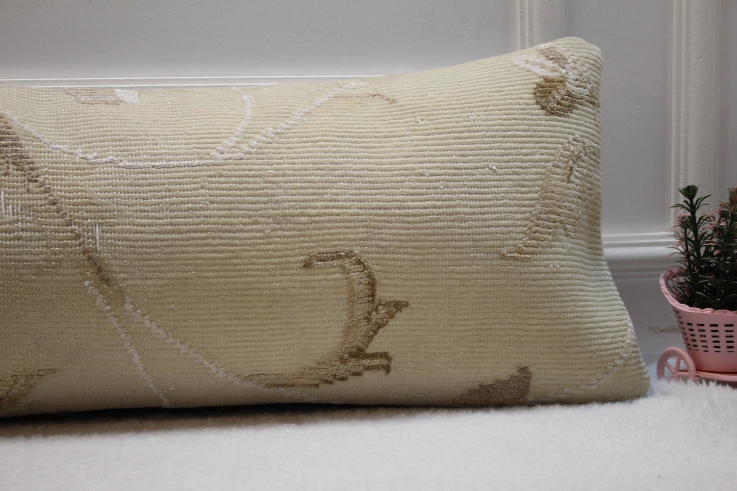 Handmade Turkish Rug Lumbar Pillow Cover: Beige Brown Woven Pillow Case (12x36in)