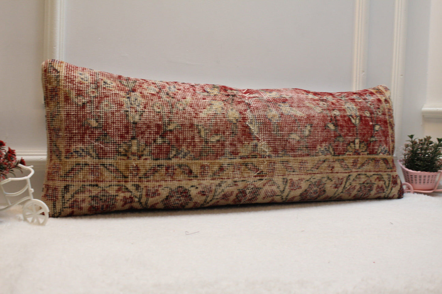 Handmade Red Kilim Pillow Cover: Upcycled Woven Rug, 12x36 inch