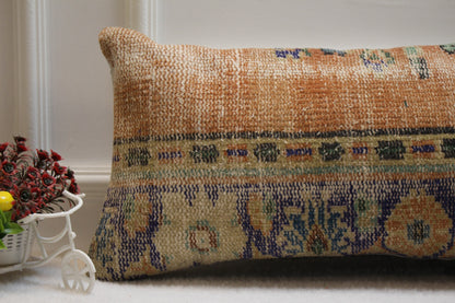 Wool Lumbar Pillow Cover: Turkish Rug Design, Orange Beige Blue (12x36 in)