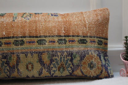 Wool Lumbar Pillow Cover: Turkish Rug Design, Orange Beige Blue (12x36 in)