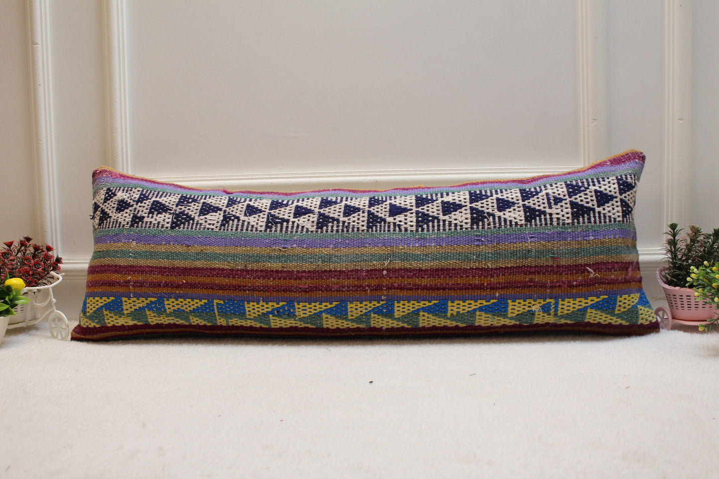 Geometric Kilim Lumbar Pillow Cover: Rainbow Woven Wool, 12x36 inch
