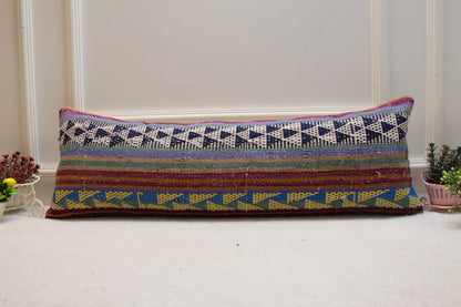 Geometric Kilim Lumbar Pillow Cover: Rainbow Woven Wool, 12x36 inch