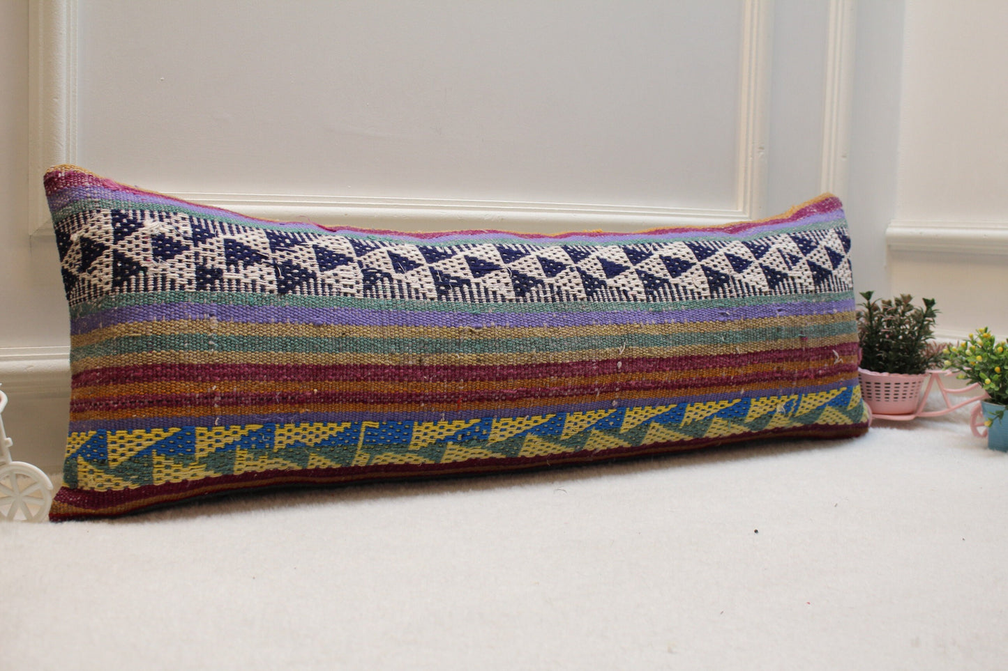 Geometric Kilim Lumbar Pillow Cover: Rainbow Woven Wool, 12x36 inch