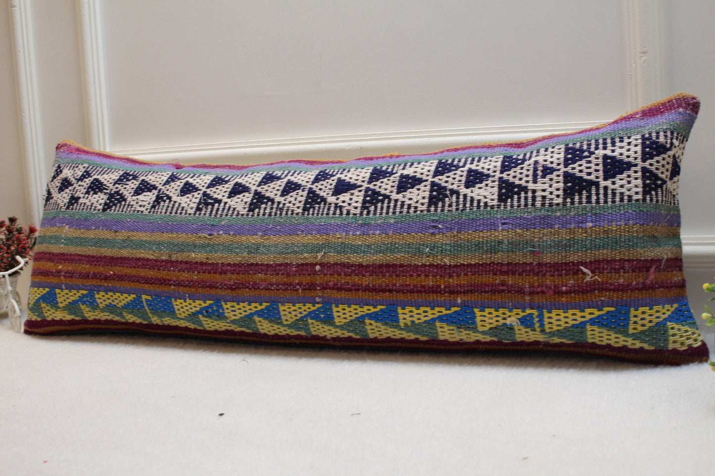 Geometric Kilim Lumbar Pillow Cover: Rainbow Woven Wool, 12x36 inch