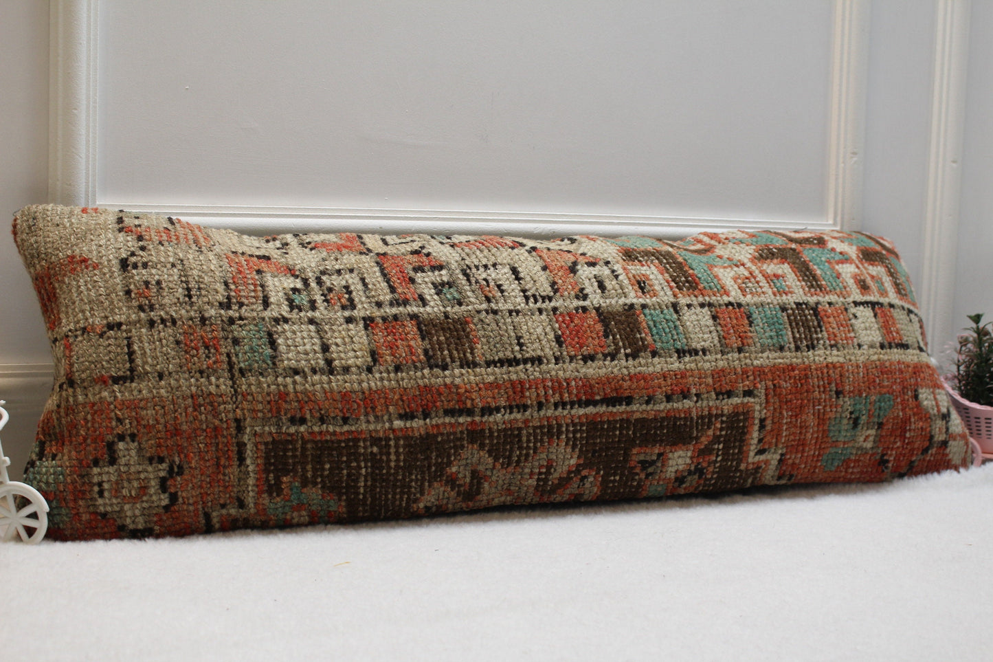 Geometric Turkish Rug Lumbar Pillow Cover: 12x36 inc, Upcycled Wool