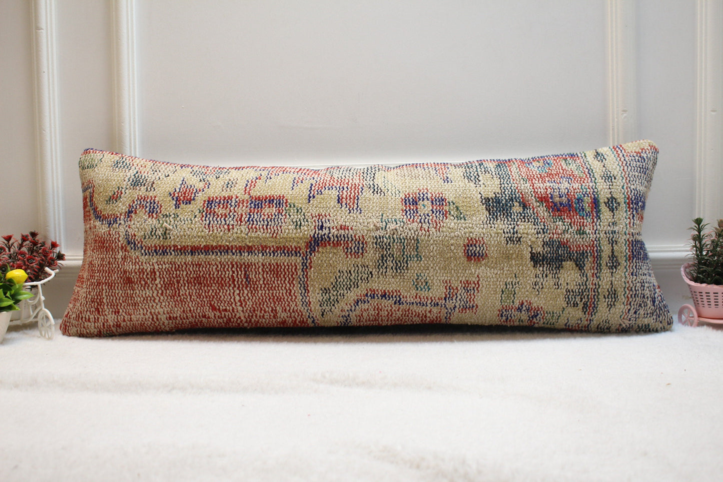 Handmade Kilim Pillow Cover: Upcycled Turkish Wool Lumbar Pillow (12x36 in)