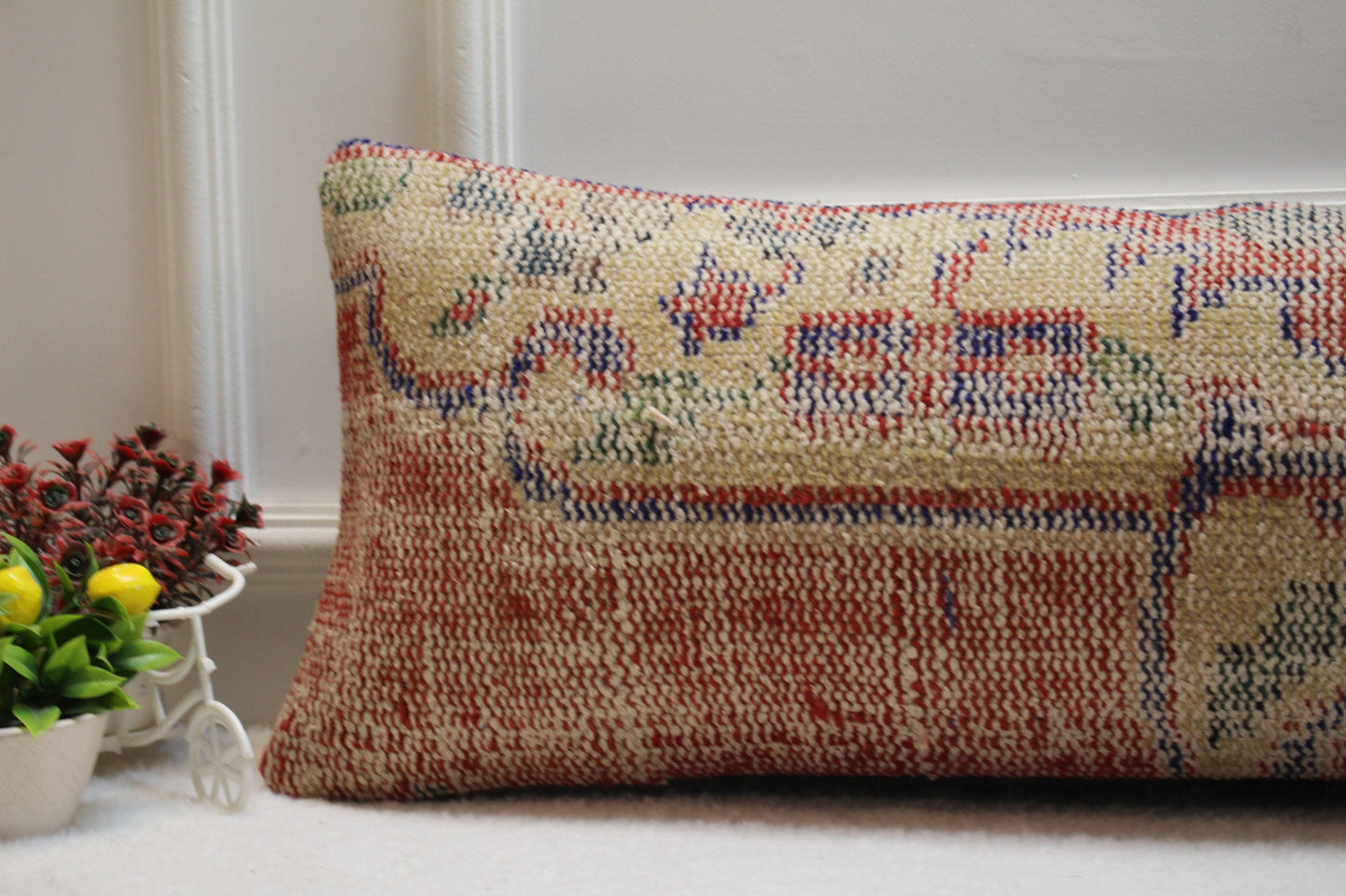 Handmade Kilim Pillow Cover: Upcycled Turkish Wool Lumbar Pillow (12x36 in)