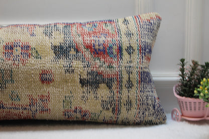 Handmade Kilim Pillow Cover: Upcycled Turkish Wool Lumbar Pillow (12x36 in)