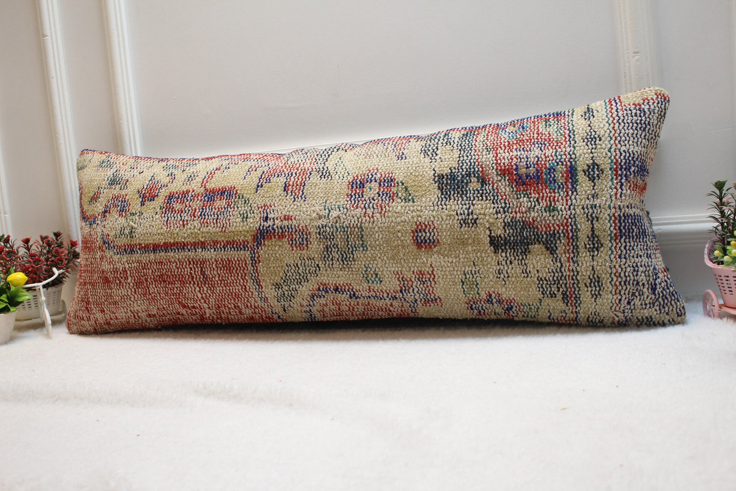 Handmade Kilim Pillow Cover: Upcycled Turkish Wool Lumbar Pillow (12x36 in)