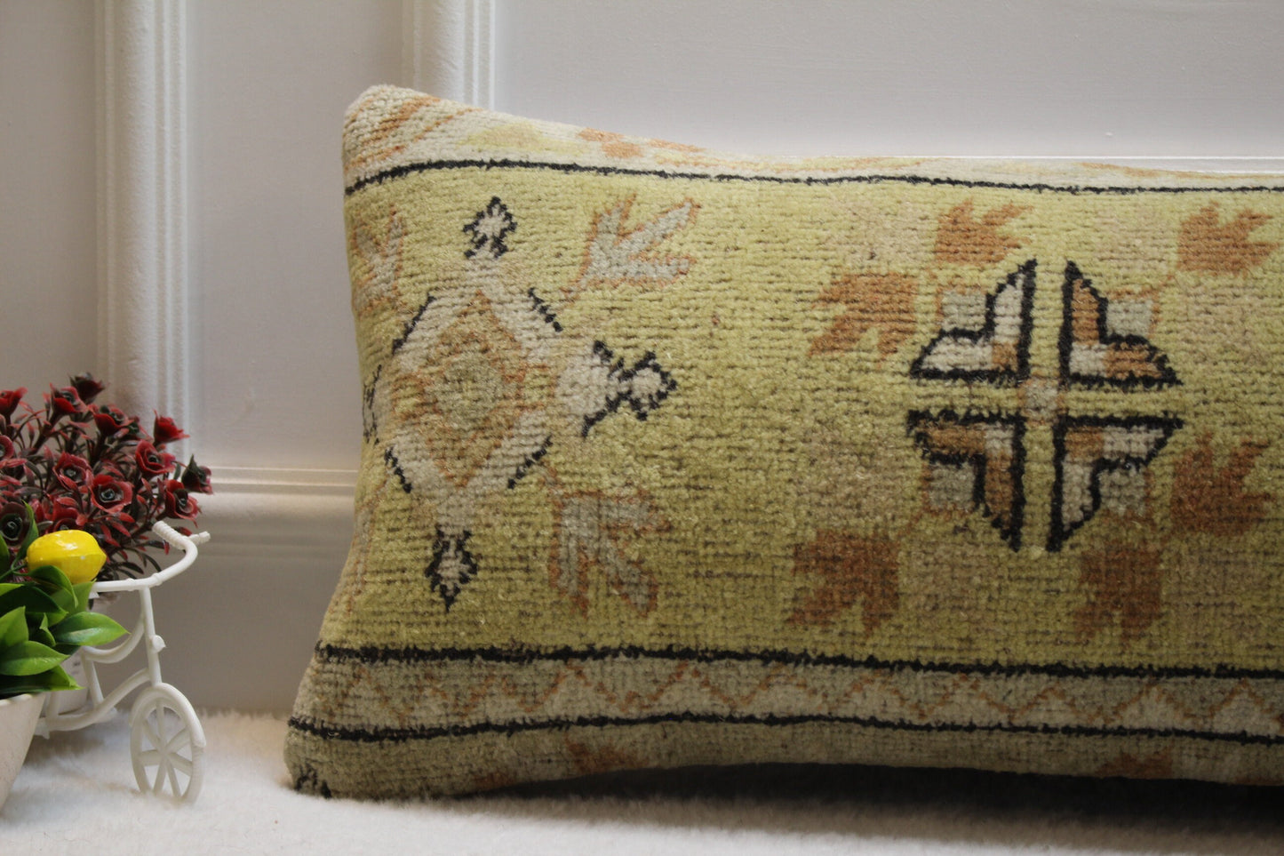 Handmade Turkish Rug Lumbar Pillow Cover: Geometric Boho Decor (12x36 inc)