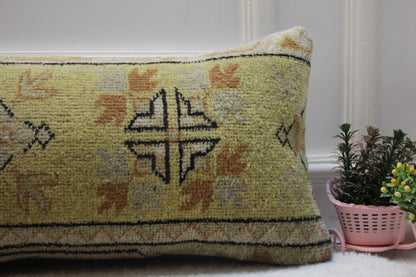 Handmade Turkish Rug Lumbar Pillow Cover: Geometric Boho Decor (12x36 inc)