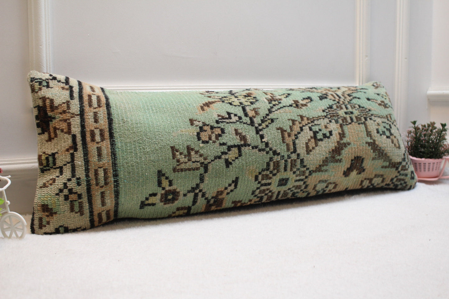 Green Floral Turkish Rug Pillow: Vintage Lumbar Pillow Cover (12x36 inc)