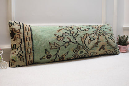 Green Floral Turkish Rug Pillow: Vintage Lumbar Pillow Cover (12x36 inc)