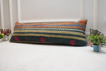 Striped Turkish Kilim Lumbar Pillow Cover: Organic Wool, 12x36