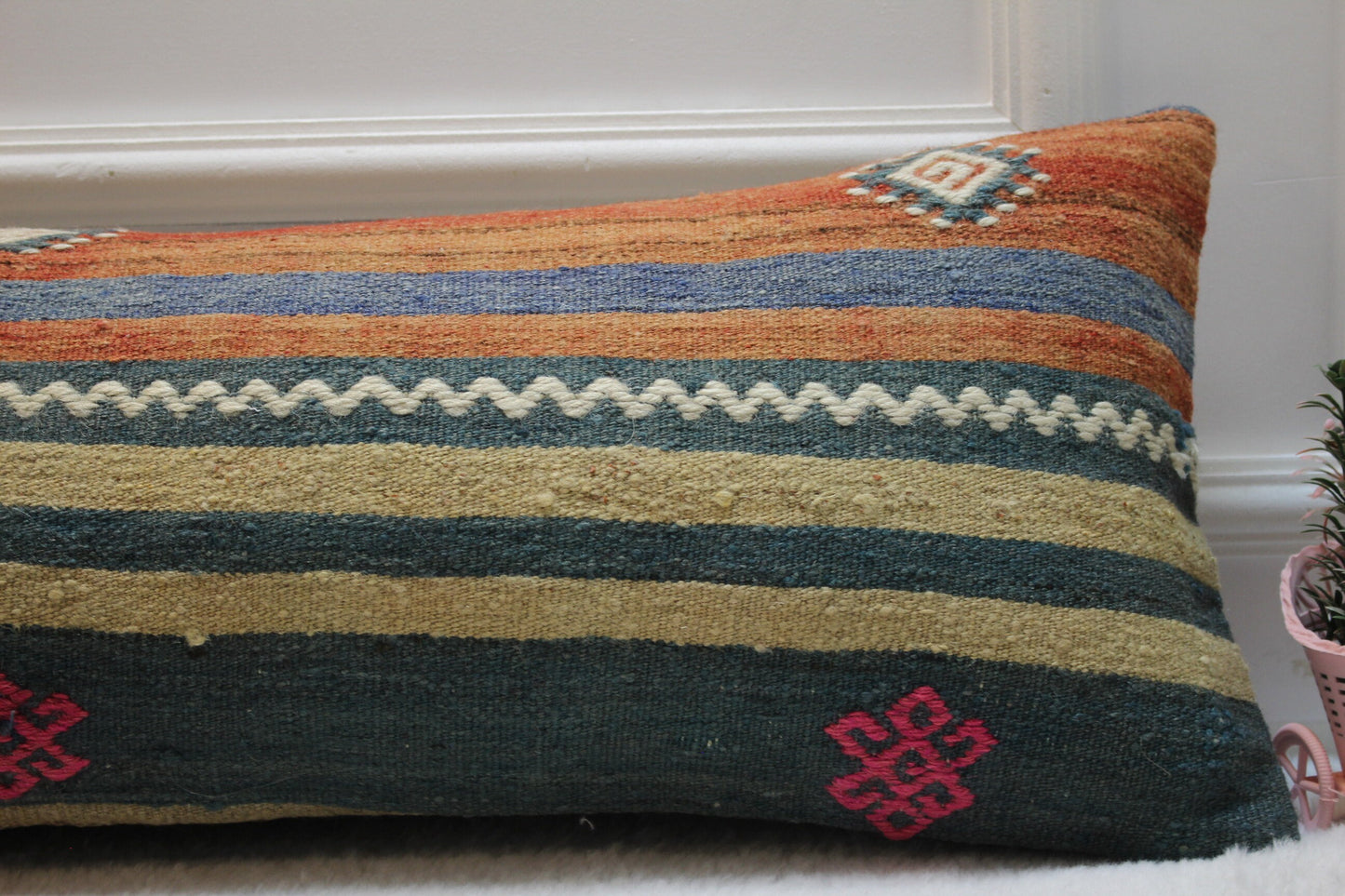 Striped Turkish Kilim Lumbar Pillow Cover: Organic Wool, 12x36