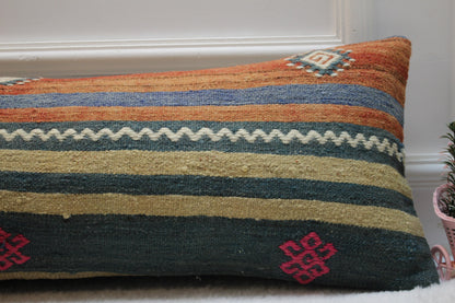 Striped Turkish Kilim Lumbar Pillow Cover: Organic Wool, 12x36