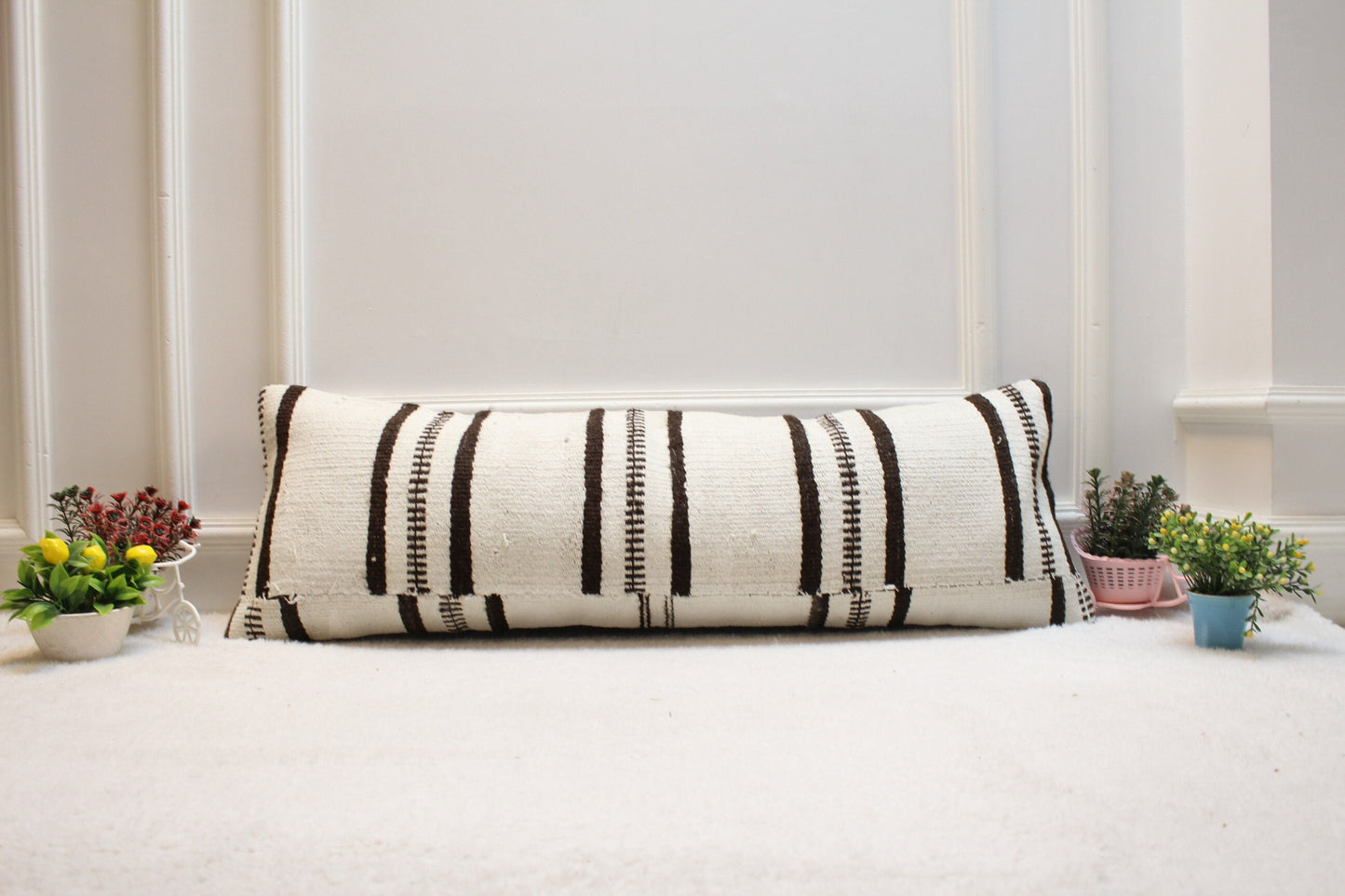 Handmade Kilim Lumbar Pillow Cover: Black & White Striped Woven Rug (12x36 in)