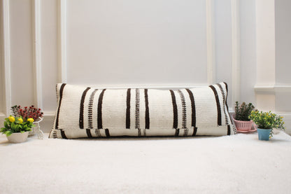 Handmade Kilim Lumbar Pillow Cover: Black & White Striped Woven Rug (12x36 in)