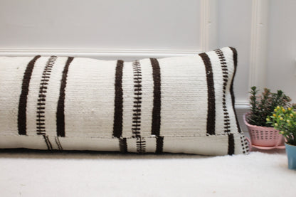 Handmade Kilim Lumbar Pillow Cover: Black & White Striped Woven Rug (12x36 in)
