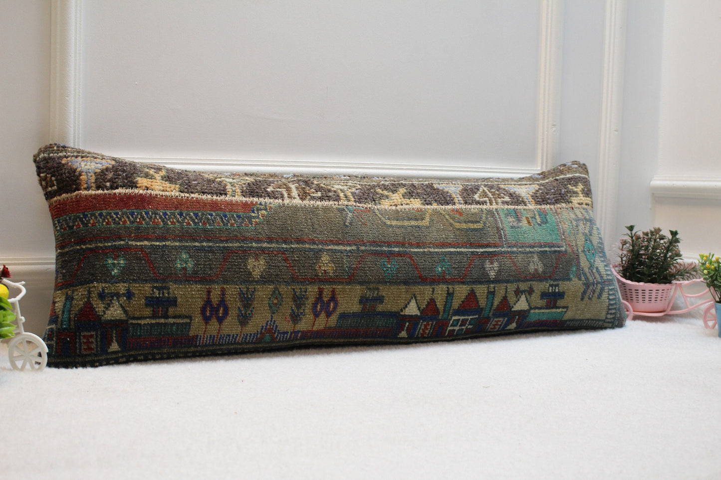 Handmade Turkish Rug Pillow Cover: Upcycled Kilim Lumbar Pillow (12x36 inc.)