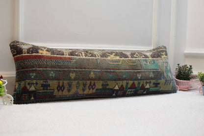 Handmade Turkish Rug Pillow Cover: Upcycled Kilim Lumbar Pillow (12x36 inc.)