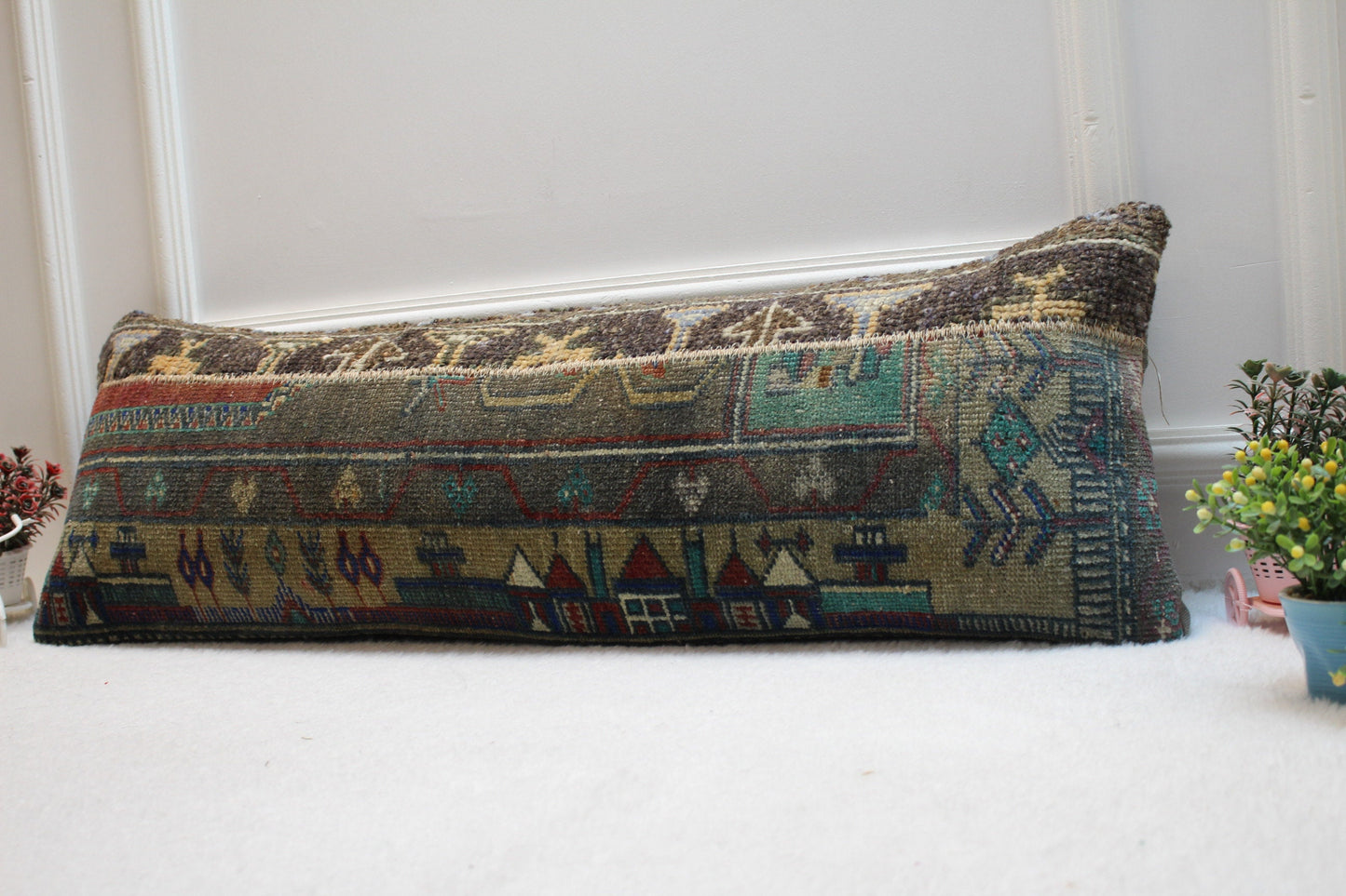 Handmade Turkish Rug Pillow Cover: Upcycled Kilim Lumbar Pillow (12x36 inc.)