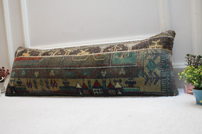 Handmade Turkish Rug Pillow Cover: Upcycled Kilim Lumbar Pillow (12x36 inc.)
