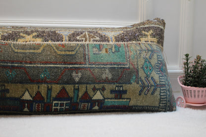 Handmade Turkish Rug Pillow Cover: Upcycled Kilim Lumbar Pillow (12x36 inc.)