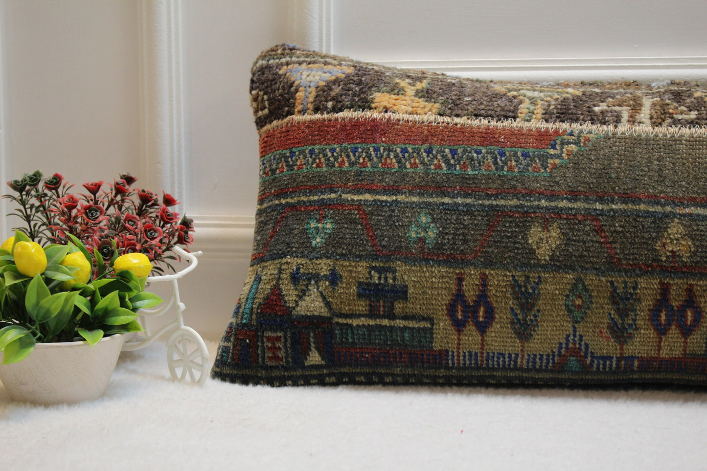 Handmade Turkish Rug Pillow Cover: Upcycled Kilim Lumbar Pillow (12x36 inc.)