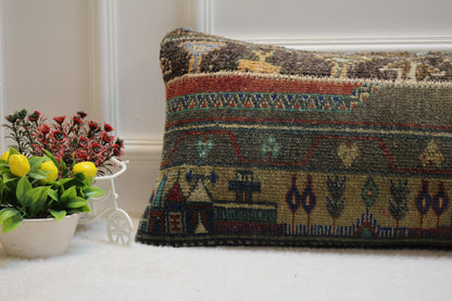 Handmade Turkish Rug Pillow Cover: Upcycled Kilim Lumbar Pillow (12x36 inc.)