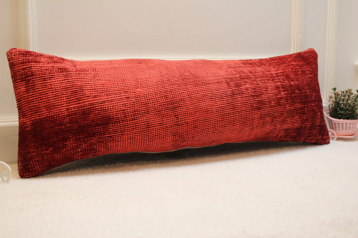 Handmade Red Kilim Lumbar Pillow Cover: Upcycled Woven Rug, 12x36 in