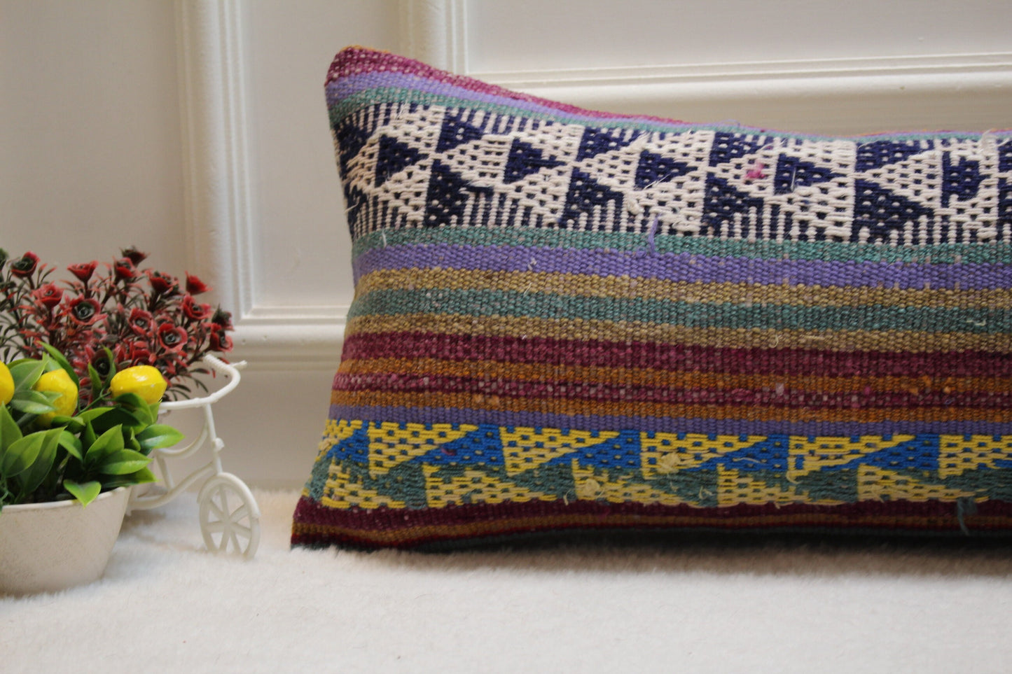 Geometric Kilim Lumbar Pillow Cover: Rainbow Boho Decor (12x36 in)