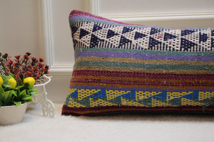 Geometric Kilim Lumbar Pillow Cover: Rainbow Boho Decor (12x36 in)