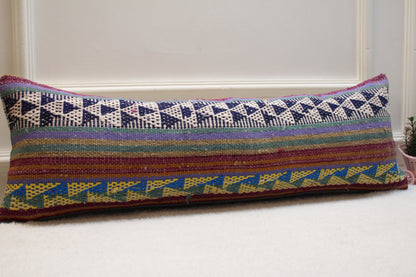 Geometric Kilim Lumbar Pillow Cover: Rainbow Boho Decor (12x36 in)
