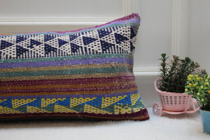 Geometric Kilim Lumbar Pillow Cover: Rainbow Boho Decor (12x36 in)