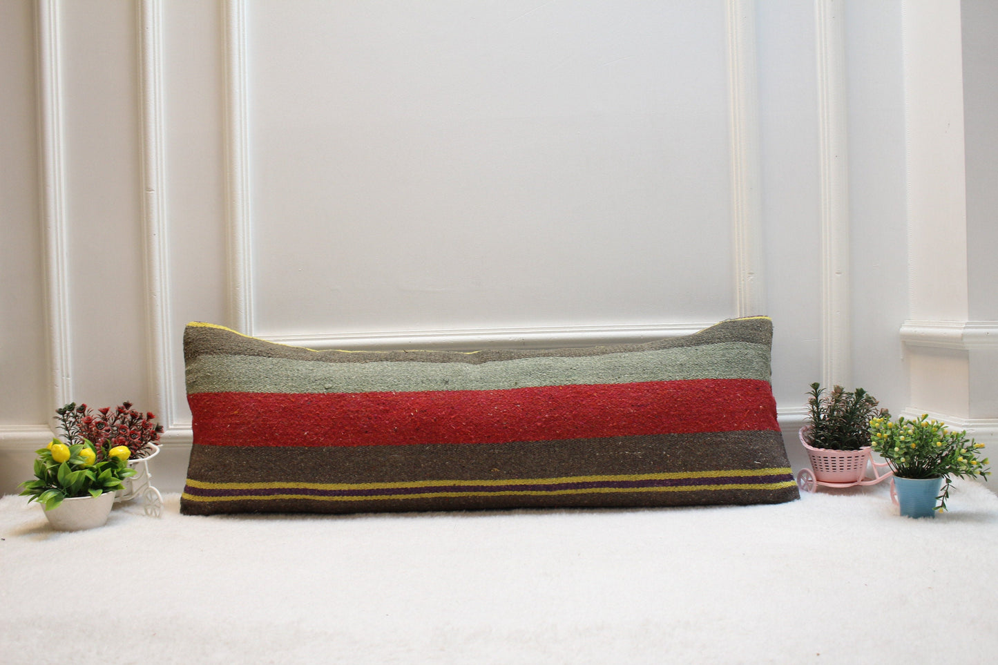 Striped Kilim Lumbar Pillow Cover: Handmade Boho Decor (12x36 in)