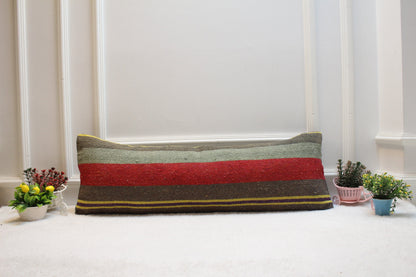 Striped Kilim Lumbar Pillow Cover: Handmade Boho Decor (12x36 in)