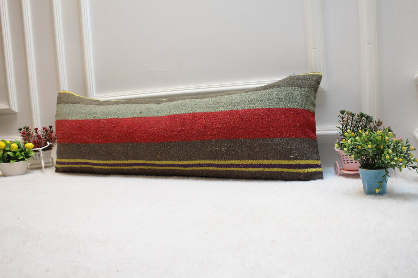 Striped Kilim Lumbar Pillow Cover: Handmade Boho Decor (12x36 in)