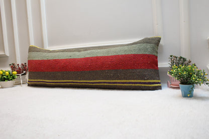 Striped Kilim Lumbar Pillow Cover: Handmade Boho Decor (12x36 in)