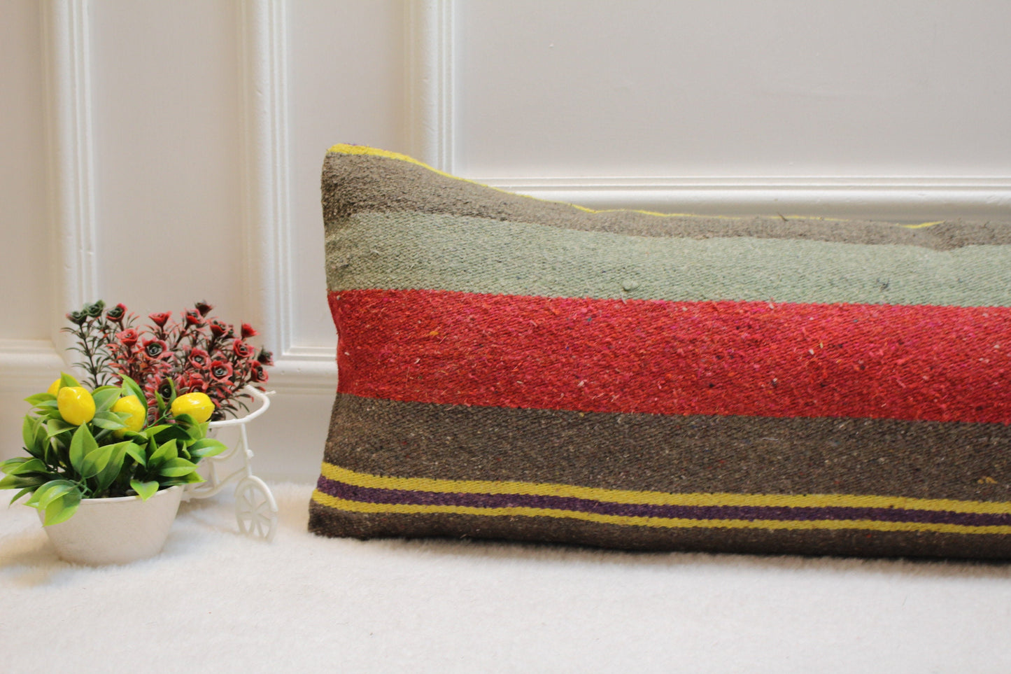 Striped Kilim Lumbar Pillow Cover: Handmade Boho Decor (12x36 in)