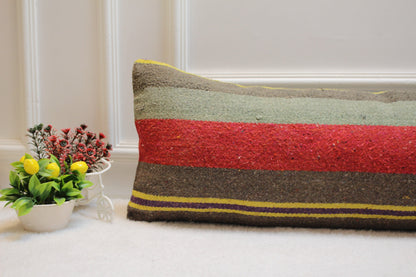 Striped Kilim Lumbar Pillow Cover: Handmade Boho Decor (12x36 in)
