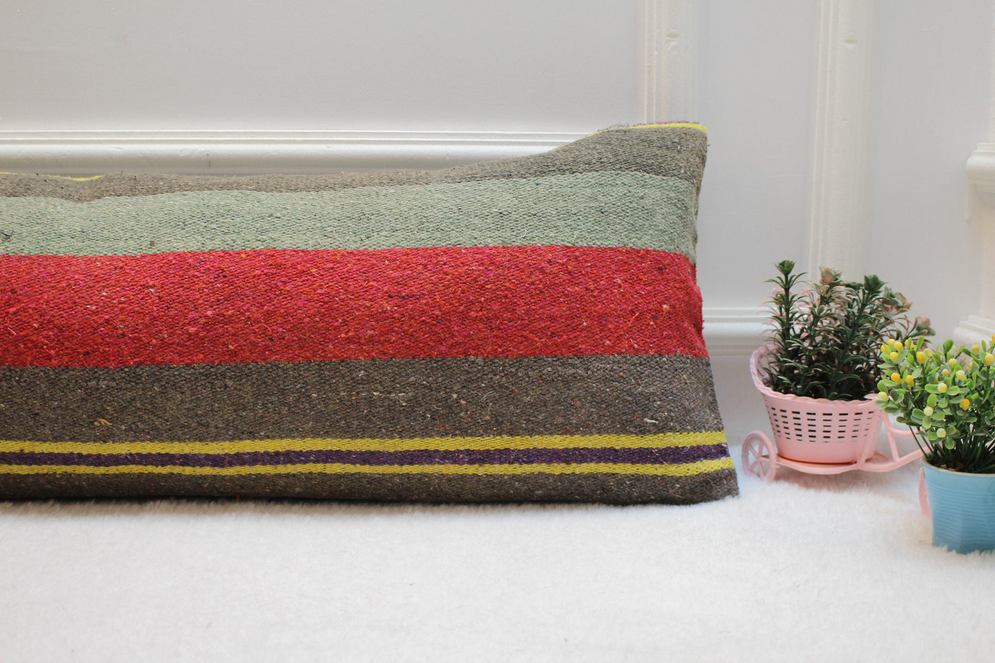 Striped Kilim Lumbar Pillow Cover: Handmade Boho Decor (12x36 in)