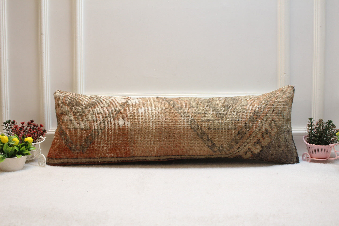 Vintage Turkish Rug Lumbar Pillow Cover: Red & Gray Organic Wool (12x36 in)