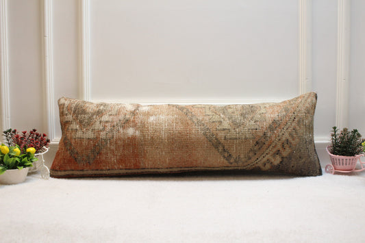 Vintage Turkish Rug Lumbar Pillow Cover: Red & Gray Organic Wool (12x36 in)