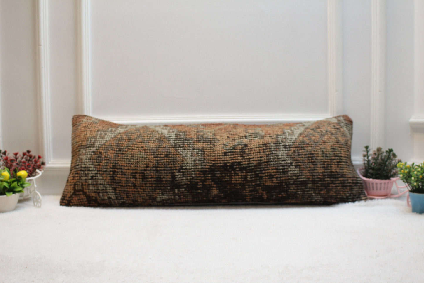 Red & Black Turkish Rug Lumbar Pillow Cover: Organic Wool Boho Design (12x36 in)