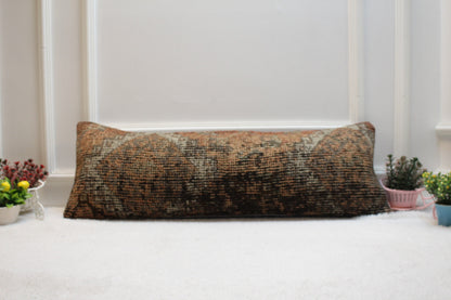 Red & Black Turkish Rug Lumbar Pillow Cover: Organic Wool Boho Design (12x36 in)