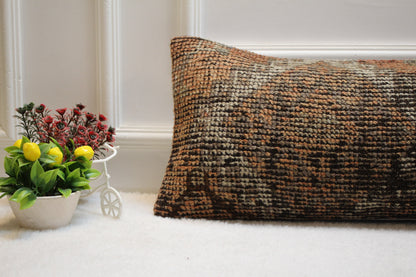 Red & Black Turkish Rug Lumbar Pillow Cover: Organic Wool Boho Design (12x36 in)