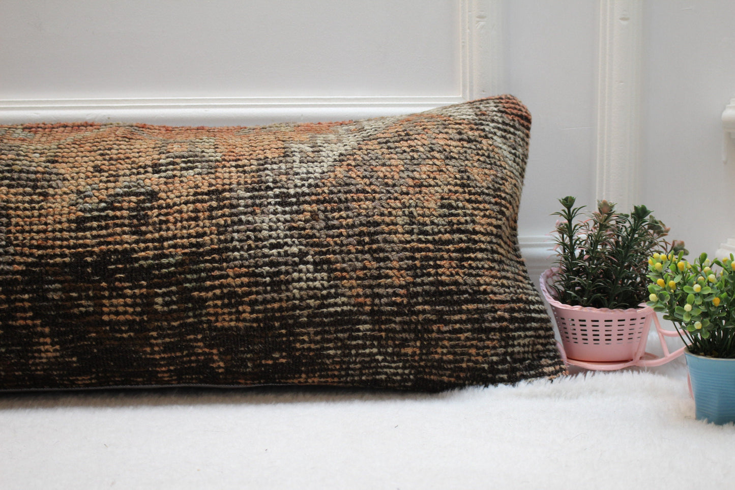 Red & Black Turkish Rug Lumbar Pillow Cover: Organic Wool Boho Design (12x36 in)