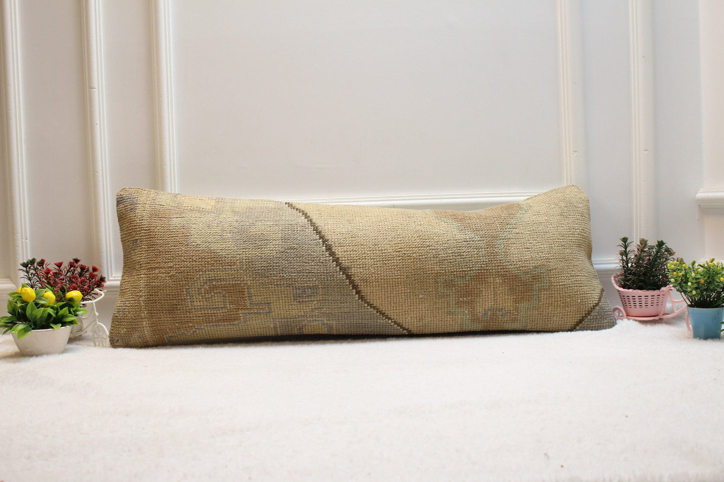 Beige Vintage Turkish Rug Lumbar Pillow Cover: Organic Wool, 12x36 inc