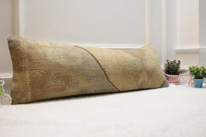 Beige Vintage Turkish Rug Lumbar Pillow Cover: Organic Wool, 12x36 inc